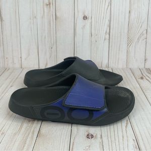 OOFOS OOahh Sport Flex Men’s Size 8 Navy Blue Black Slip On Strap Slide Sandals